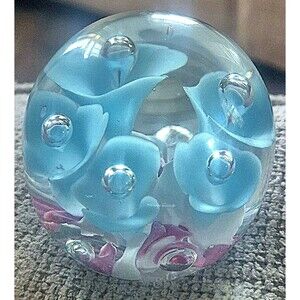 Vtg Joe St Clair Art Glass Paperweight  Baby Blue Trumpet Flowers Bubble Pistils